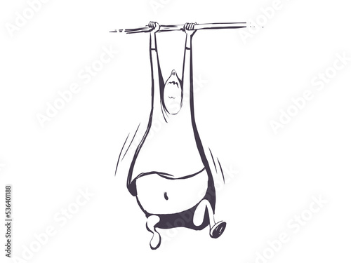 A fat man is trying to pull himself up on the horizontal bar. Vector single color drawing in cartoon style.