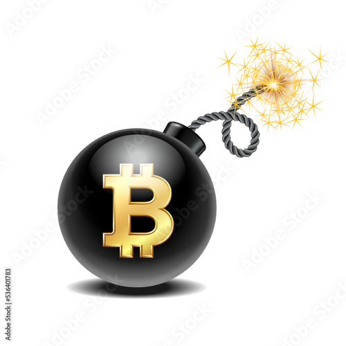 Symbol Bitcoin cryptocurrency on black bomb, cryptocurrency money crisis