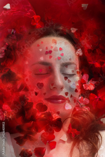 Fototapeta Naklejka Na Ścianę i Meble -  Dreaming Princess with Glitter Hearts and Geranium Flowers