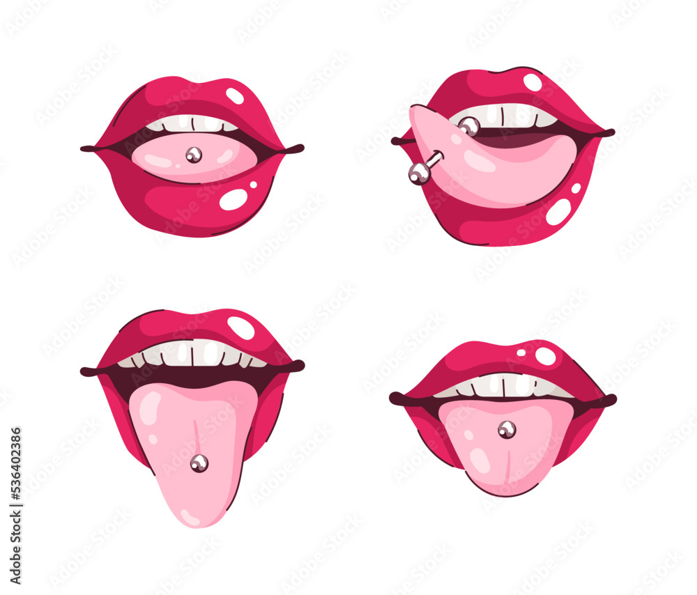 Vecteur Stock Set of tongue piercing. 4 colorful illustration in flat style Adobe Stock