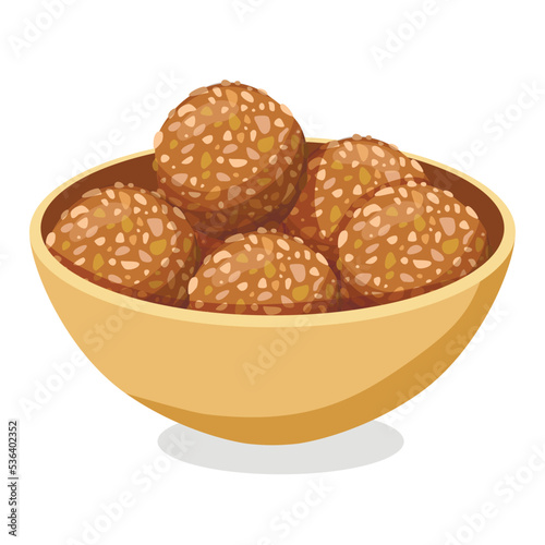 Plate with Indian sweets laddu (ladoo) isolated on white. Traditional dessert for many Hindu festivals (Pongal, Dussehra, Diwali). Vector illustration. photo