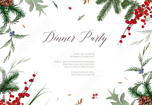 Emerald Christmas greenery, red winter berry, juniper, cedar, emerald pine, spruce vector design frame