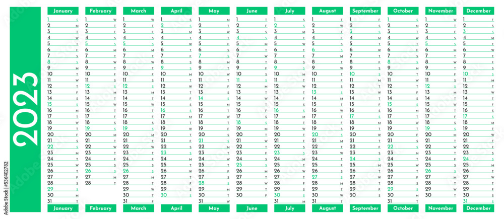 Vecteur Stock Green simple linear calendar yearly planner template for 2023  with vertical month grid. Wall calender in a minimalist style. Monthly  cycle planner. Agenda organizer. Vector illustration | Adobe Stock