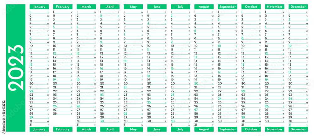 Green simple linear calendar yearly planner template for 2023 with vertical month grid. Wall calender in a minimalist style. Monthly cycle planner. Agenda organizer. Vector illustration Stock Vector | Adobe Stock Green simple linear calendar yearly planner template for 2023 with vertical month grid. Wall calender in a minimalist style. Monthly cycle planner. Agenda organizer. Vector illustration Stock Vector | Adobe Stock