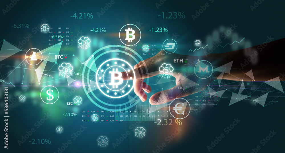 Business person hand pushing currency symbol on multimedia touch screen Business person hand pushing currency symbol on multimedia touch screen