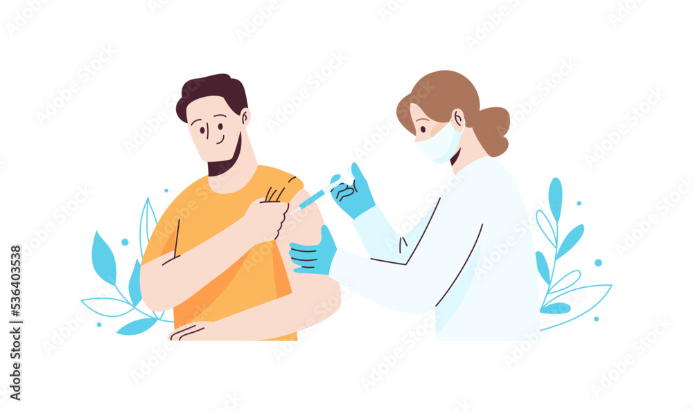Nurse gives an injection to young man. Vaccination concept. Flat style illustration