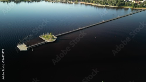 Aerial view of a long bridge(Langbryggan) on Siljan lake in Rattvik, Dalarna, Sweden photo