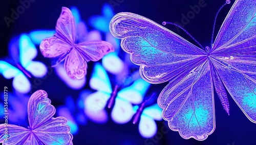 Hyper realistic illustration of blue and violet butterflies on a dark background.