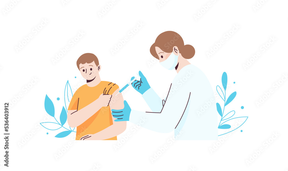 Nurse gives an injection to young boy. Vaccination concept. Flat style illustration