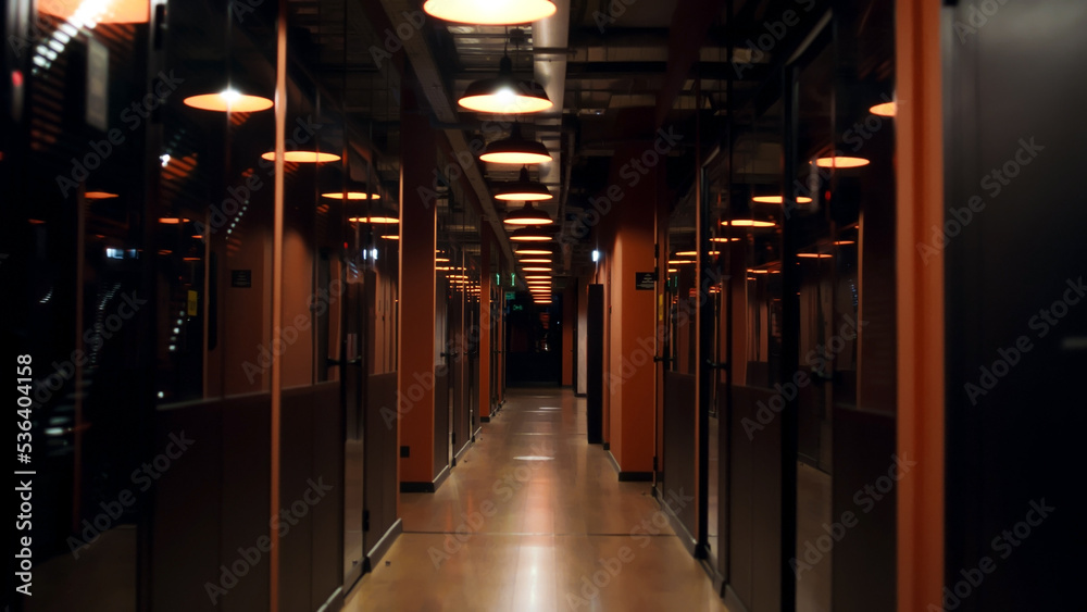 Corridor of modern business center office, e-commerce marketing company, real estate corporation with doors and separate offices, illuminated by lamps