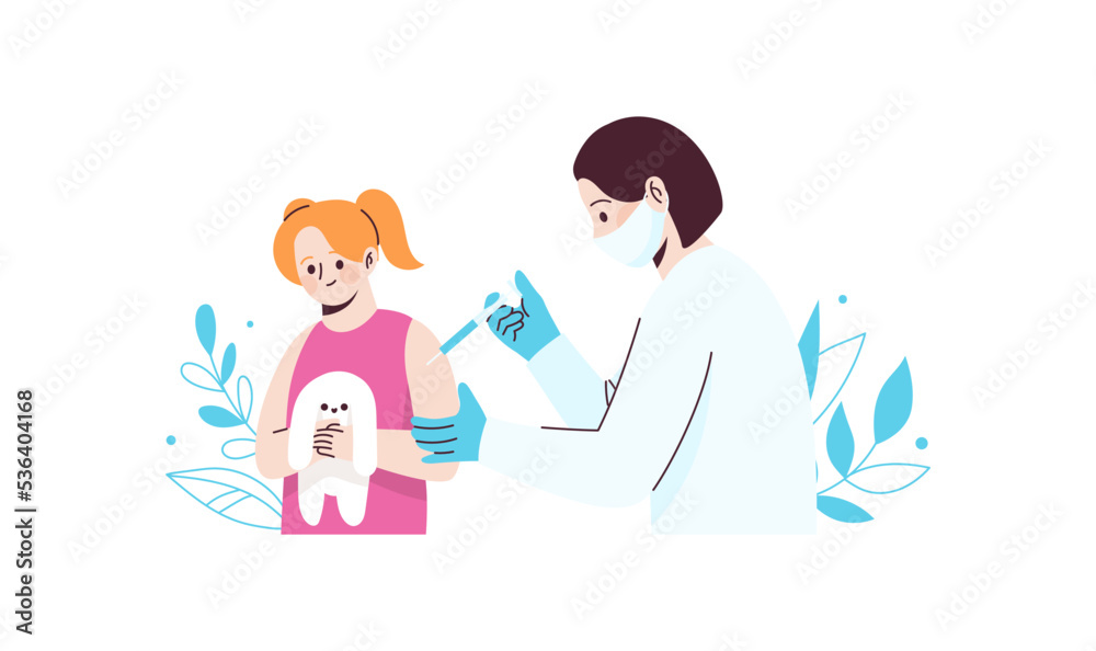 Nurse gives an injection to young girl. Vaccination concept. Flat style illustration Nurse gives an injection to young girl. Vaccination concept. Flat style illustration