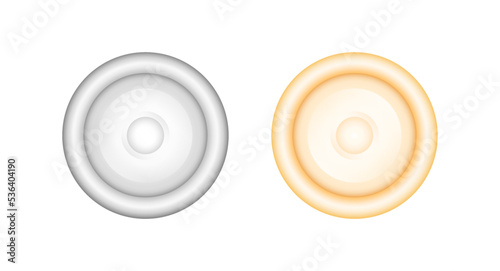 Vector man yellow latex condom realistic illustration. Mens health 3d safety object. Rubber natural material round contraceptive, top view. Ribbon medical shape. Big size circle condom mockup
