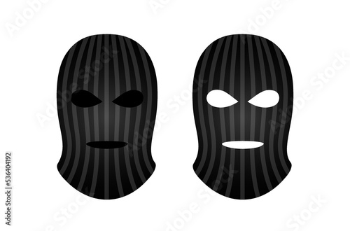 Vector black balaclava mask isolated on white background. Bandit striped canvas mask template. Police uniform SWAT. Military anonymous head hat. Robbery equipment. Mafia realistic sign. Spy textile