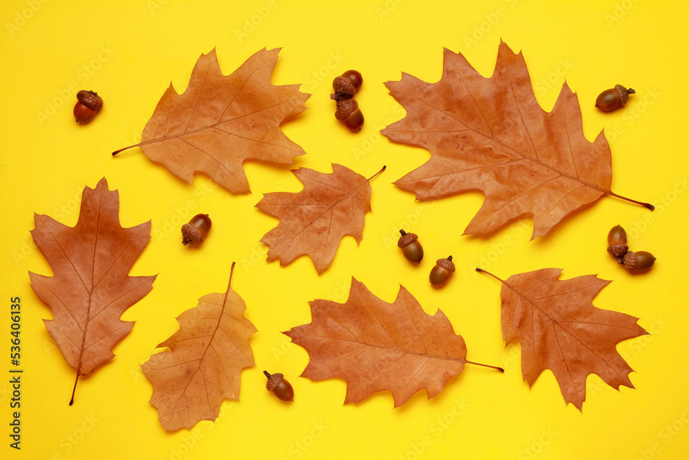 Creative leaf layout, composition of fallen orange autumn leaves acorn on yellow background. Natural foliage. Fall concept. Autumn mood. Top view. Flat lay. Creative leaf layout, composition of fallen orange autumn leaves acorn on yellow background. Natural foliage. Fall concept. Autumn mood. Top view. Flat lay.