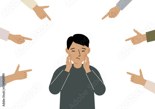 The concept of public condemnation, victim blaming and bullying. Crying depressed boy. The fingers point at the character and hate him. Internet cyberbullying.