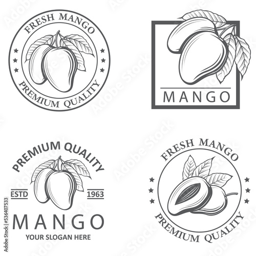 monochrome collection of mango fruits emblems isolated on white background
