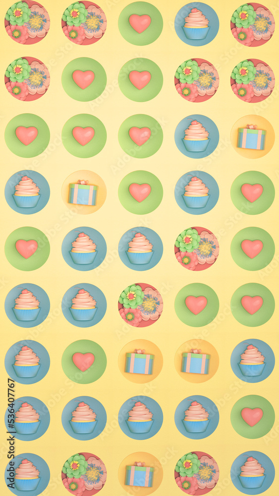 Colorful holiday pattern with gift boxes, hearts, flowers, cupcakes on paper background. 3d rendering, vertical orientation