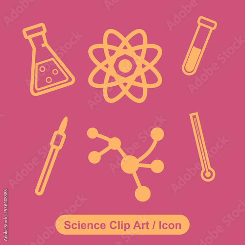 Simple line clip art of science supplies icons on a pink background