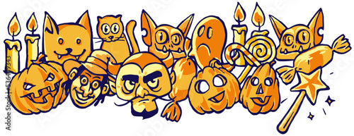 Halloween character vector background design. Happy halloween trick or treat text in white space with hanging scary pumpkin, skull, and witch horror characters. Vector illustration.
