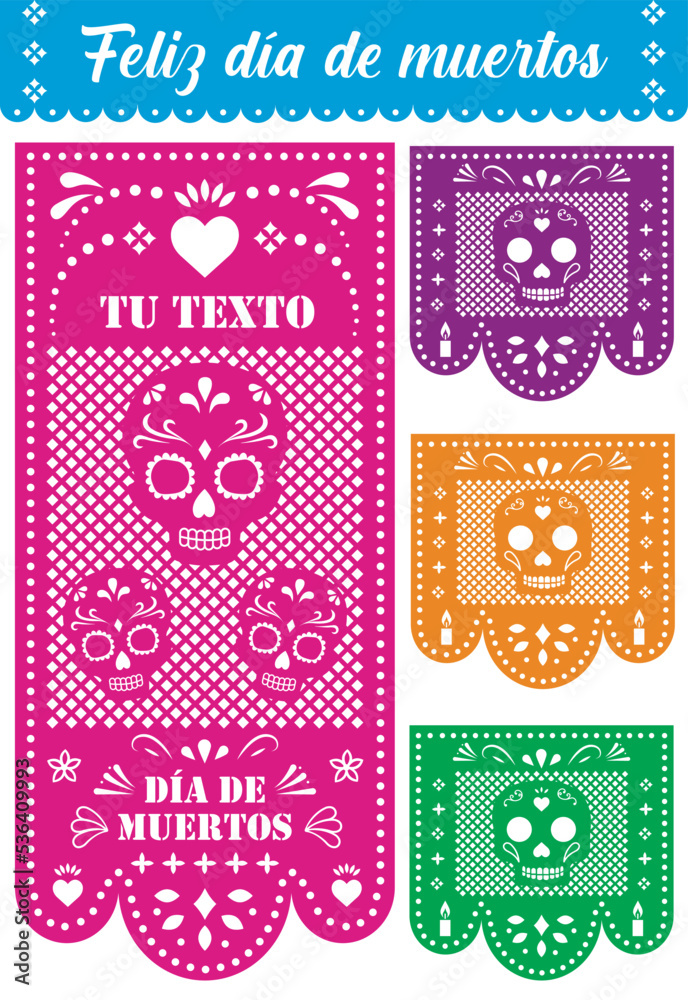 Papel picado largo de colores para el día de muertos con calaveras