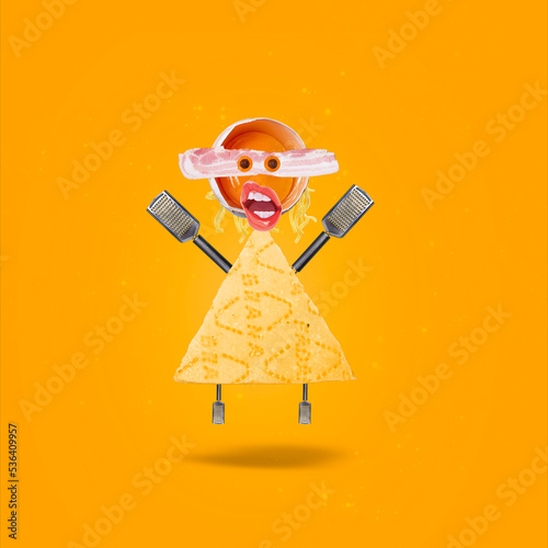 Contemporary art collage. Carbonara pasta theme. Funny graphics on a yellow background. Character of Parmesan cheese, yolk, graters for cheese and tagiatelle pasta. Crazy style. Modern food concept.