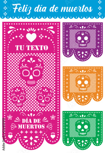 Papel picado largo de colores para el día de muertos con calaveras