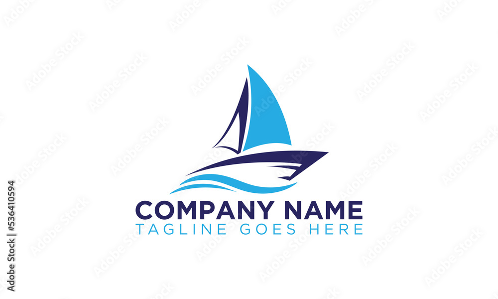 Sailing ship boat vector logo icon with water wave template design