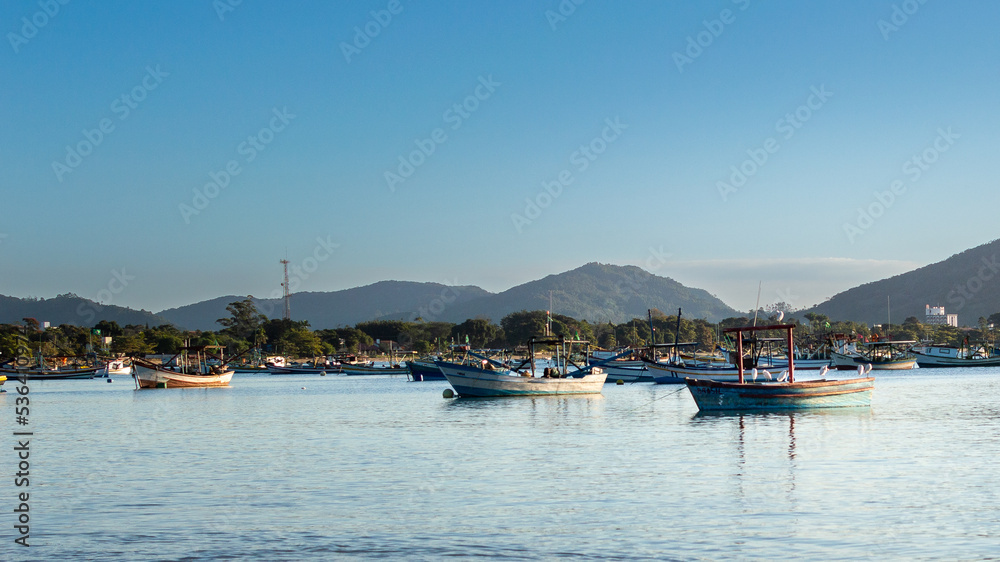 Boats on Trapiche beach in Penha, Santa Catarina, Brazil.