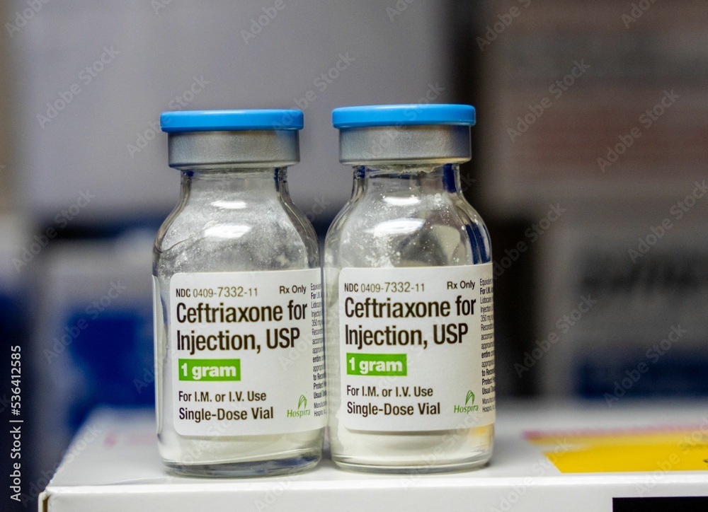 View of two bottles of Ceftriaxone for injection 1gram placed over the ...
