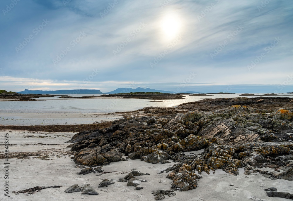 Summer sunset,Traigh beach and distant isles,Arisaig,Lochaber, Inverness-shire,Scotland,UK.