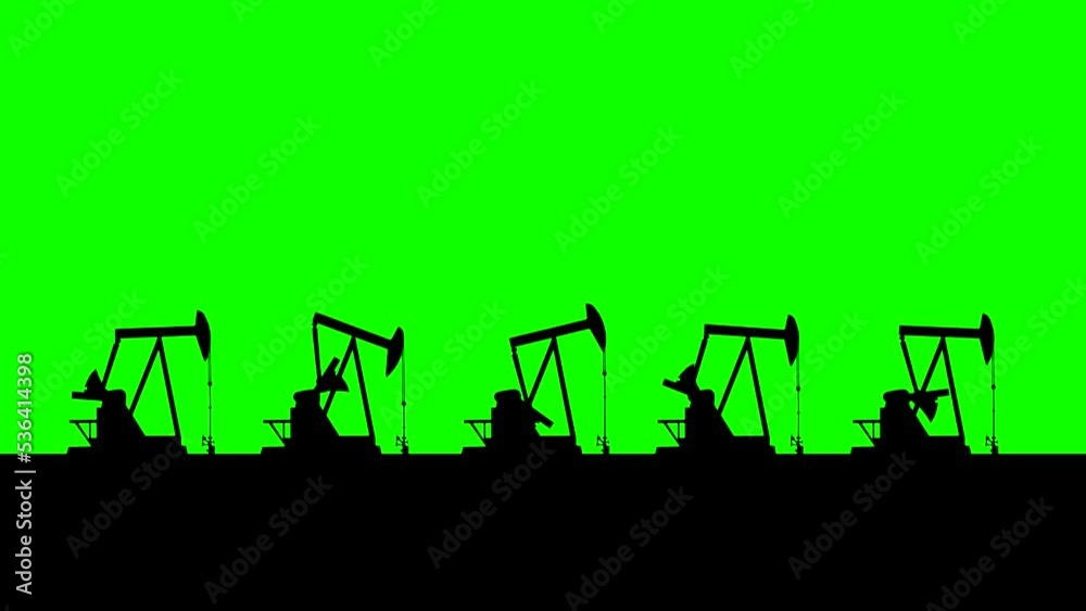 Five pumpjacks in action, animation on the green background (seamless loop) Five pumpjacks in action, animation on the green background (seamless loop)
