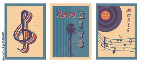 Set of retro music poster. Vintage background with musical disc, microphone, notes, lettering. Vector illustration for banner, flyer, placard, disco party, festival, invitation, advertising.