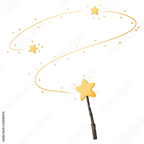 decorative magic wand with a magic trace. star shape magic wand accessory. magical witch power in illustration style isolated on background with clipping path in cartoon hand drawn style. photo