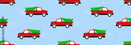 A pickup truck carries a Christmas tree on a background of falling snow, seamless pattern.