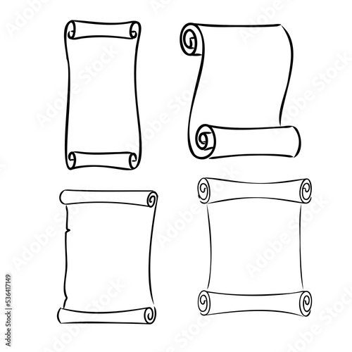 Set of empty scrolls. Hand drawn sketch style vintage scrolls and banners collection. Vector illustrations isolated on white background.
