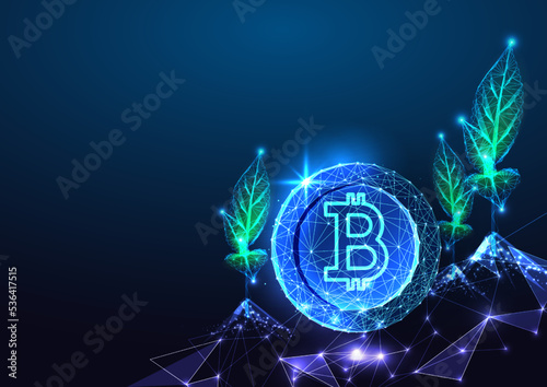 Renewable cryptocurrency mining concept. Bitcoin and field of plant seedlings on blue background