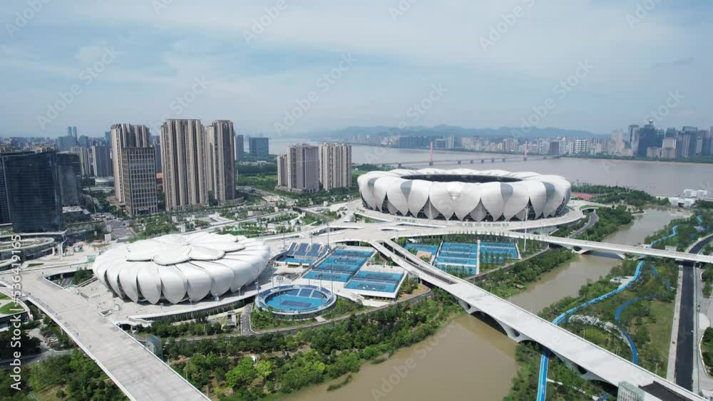 aerial view modern abstract building in midtown of hangzhou binjiang in blue sky aerial view modern abstract building in midtown of hangzhou binjiang in blue sky