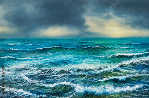 Beautiful seascape, blue waves. Digital oil painting, imitation oil paint, classical art, picture, clouds over sea, stormy sea and sky © yaroslavartist