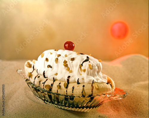 banana split on desert sand