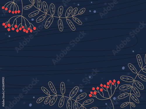 Winter card. Mountain ash Twigs and berries frame. For wedding invitation, Christmas, birthday card. Vector illustration on dark blue. Floral design with empty space. Rustic aesthetics.
