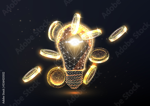 Concept of growing business idea, startup investment. Gold lightbulb and coins on black background photo