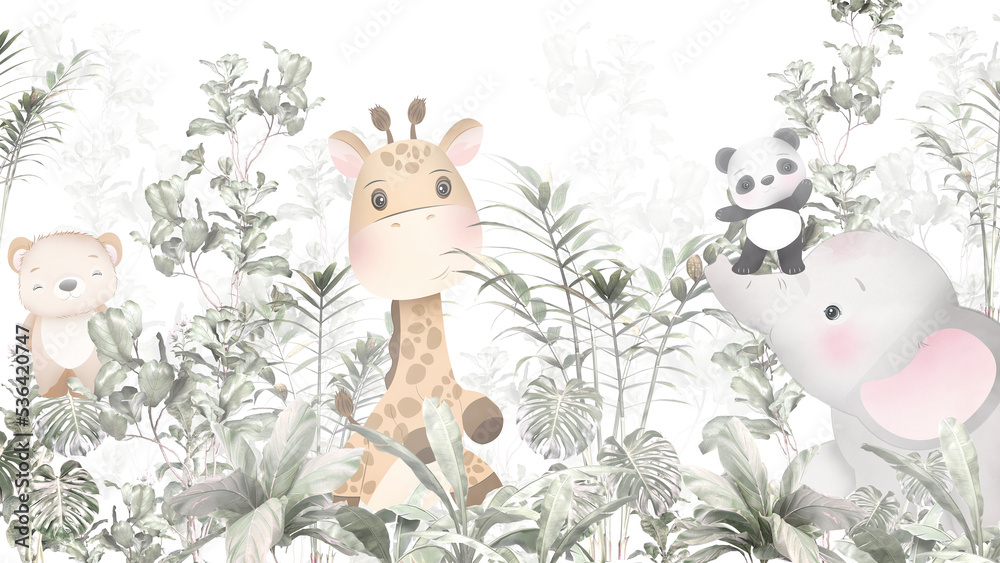 Cute animals among the trees , Kids room wallpaper design - obrazy, fototapety, plakaty 