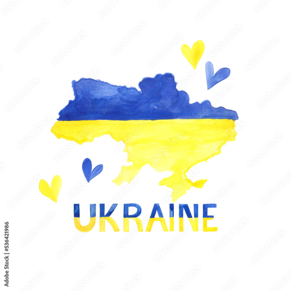 Watercolor hand painted Ukraine set illustration. Ukrainian flag, map