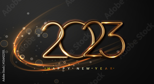 2023 New year with Abstract shiny wave design element on dark background. Festive premium concept template for holiday Calendar, poster design.