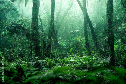 Fototapeta Naklejka Na Ścianę i Meble -  Green jungle landscape with plants and trees