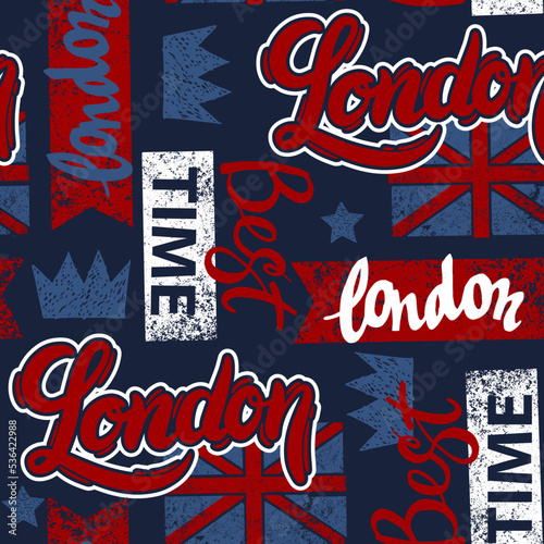 Abstract seamless pattern with elements british flag and london style. Fashion girlish print 