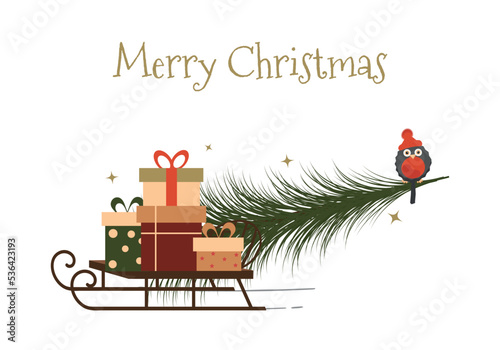Christmas greeting card with sledge, gift boxes and christmas tree.