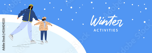 Banner with mother and daughter ice skating during snowfall. Winter outdoor activities. Family figure skating. Cartoon people on the rink. Wintertime fun