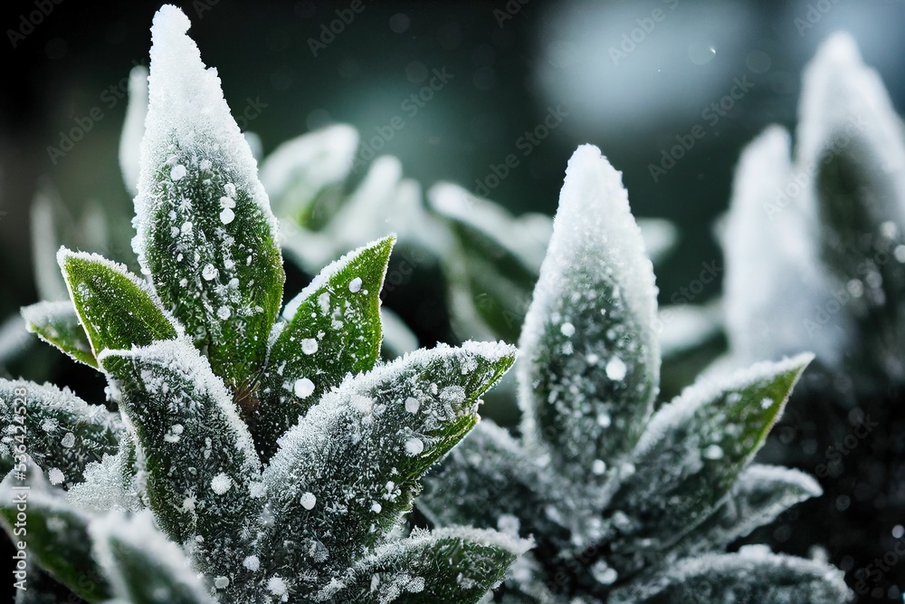 Fototapeta premium Closeup shot of frozen green plants in a garden during winter