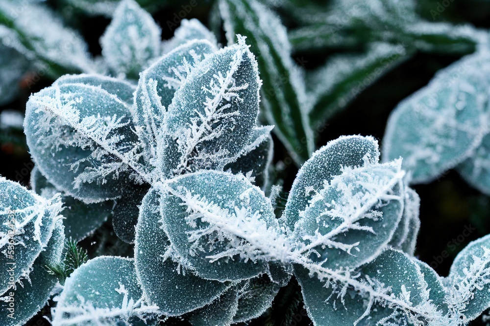 Naklejka premium Closeup shot of frozen green plants in a garden during winter